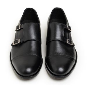 Men's Black Double Monk Strap Shoes Captoe Leather
